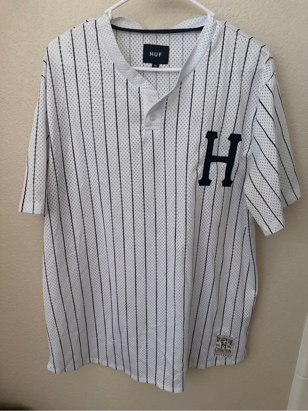 HUF Men’s White Pinstripe Baseball Jersey with Black 'H' Logo